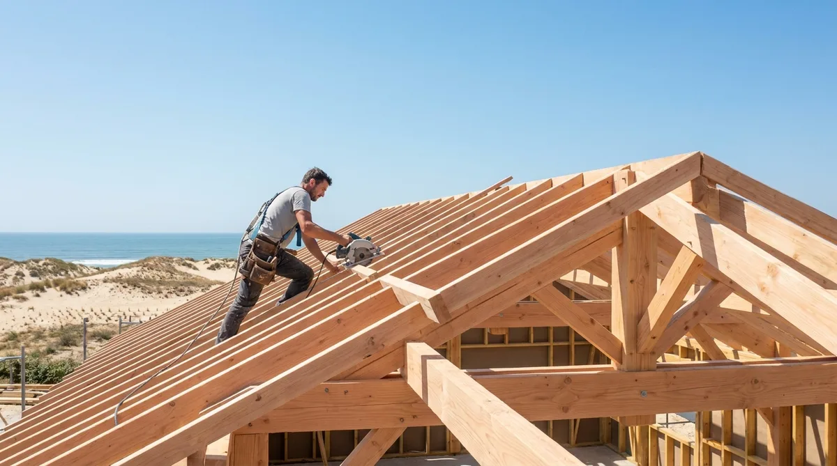 carpenter working on a wooden roof frame of a coastal house in Charente-Maritime under sunny blue sky