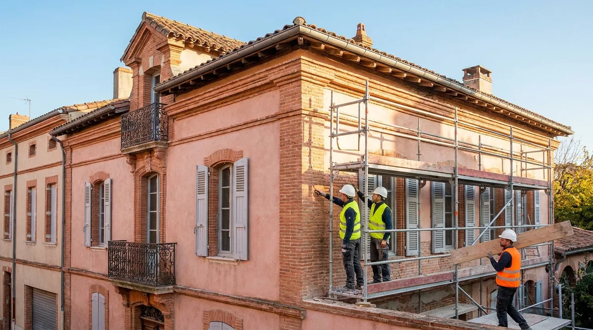 construction workers renovating a traditional pink brick house in Toulouse during a sunny summer day, Occitanie architecture