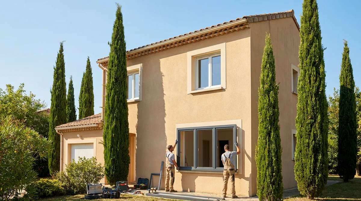 modern pvc window installation on a typical 1980s suburban house in Haute-Garonne with cypress trees in the background