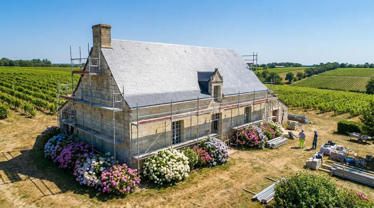 traditional tuffeau stone house renovation in Maine-et-Loire during summer, slate roof, bright sunny day