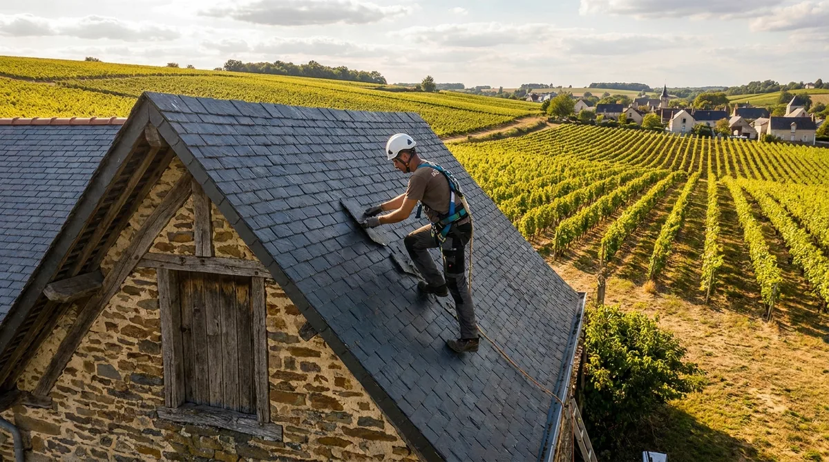 roofer working on a slate roof of a traditional house in the Anjou vineyards, Maine-et-Loire, summer afternoon