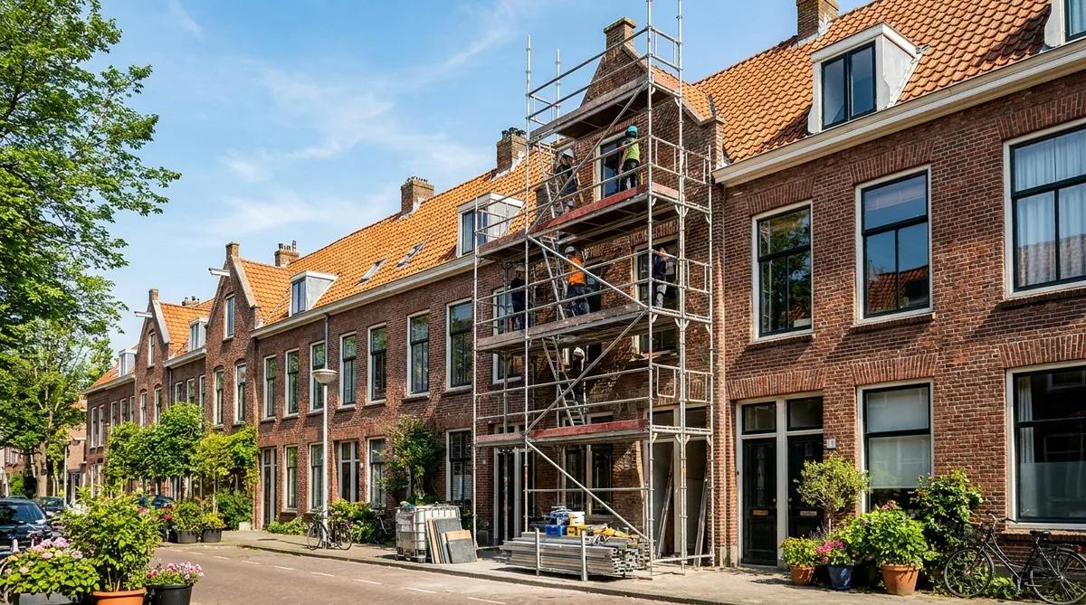 red brick terraced houses typical of northern France during summer renovation with scaffolding and blue sky