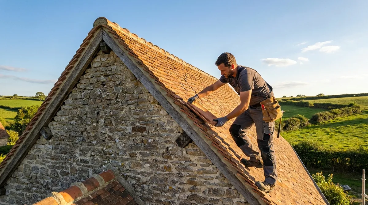 craftsman installing clay tiles on a traditional northern France roof under a sunny august sky