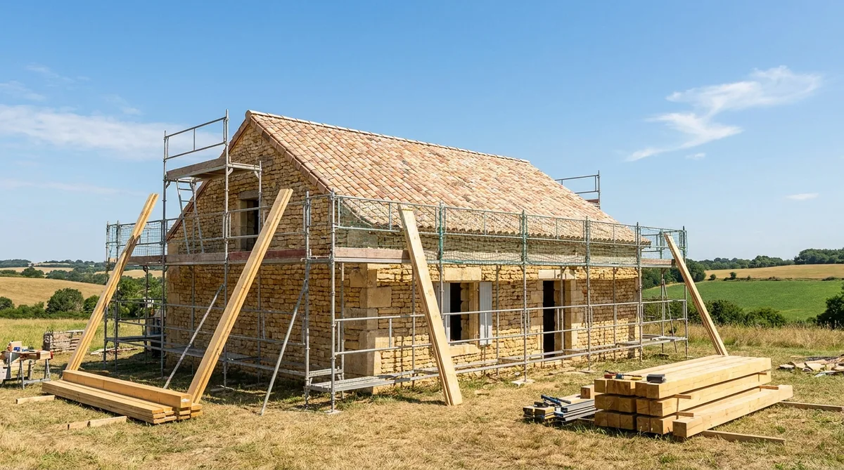 traditional charente stone house renovation in summer with scaffolding and blue sky