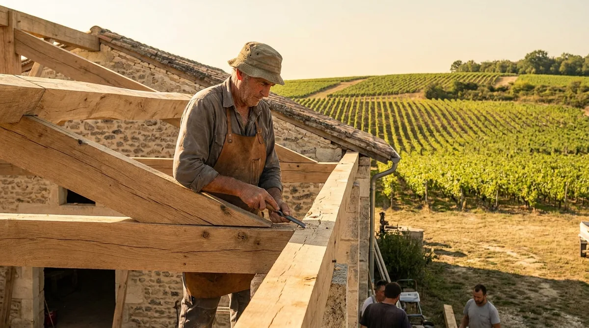 craftsman working on a wooden roof structure of a vineyard estate in charente region during summer