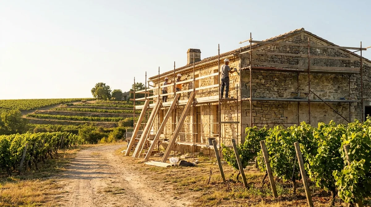 traditional stone house renovation in Gironde vineyards under summer sun, construction workers on scaffolding