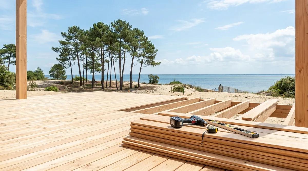 modern wooden terrace construction near Arcachon basin, pine trees and summer sky, tools resting on planks