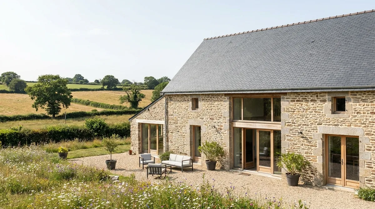 traditional stone house renovation with slate roof in Loire Atlantique countryside during summer