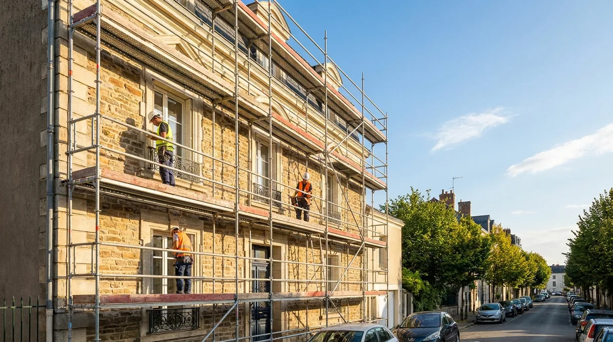 scaffolding on a typical Nantes bourgeois house facade under a sunny summer sky with construction workers