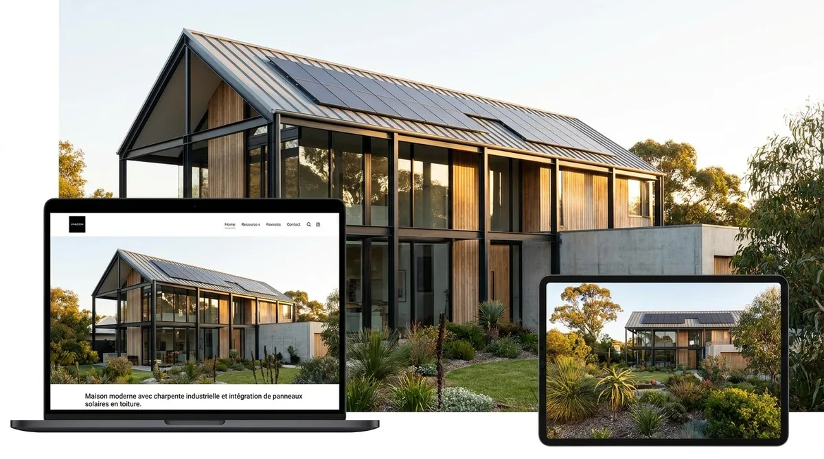 Maison moderne avec charpente industrielle et intégration de panneaux solaires en toiture