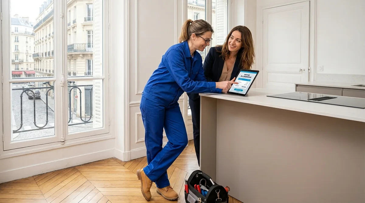 Modern plumber using a tablet to show a digital quote to a client in a Parisian apartment
