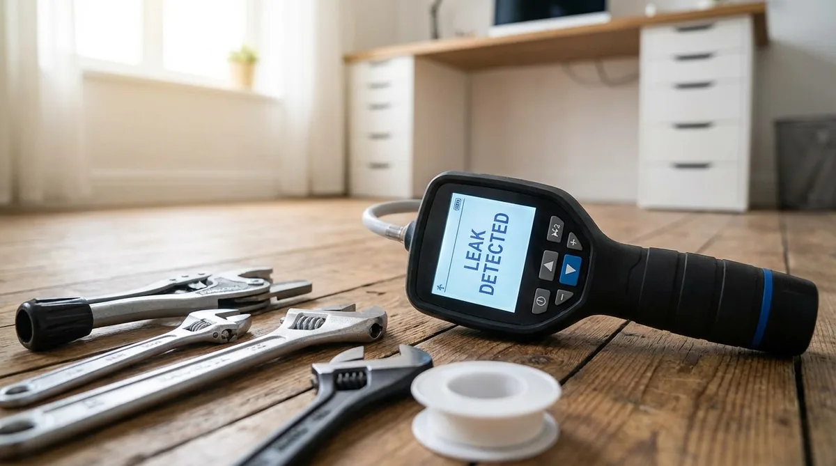 Close up of professional plumbing tools and a leak detection device on a wooden floor