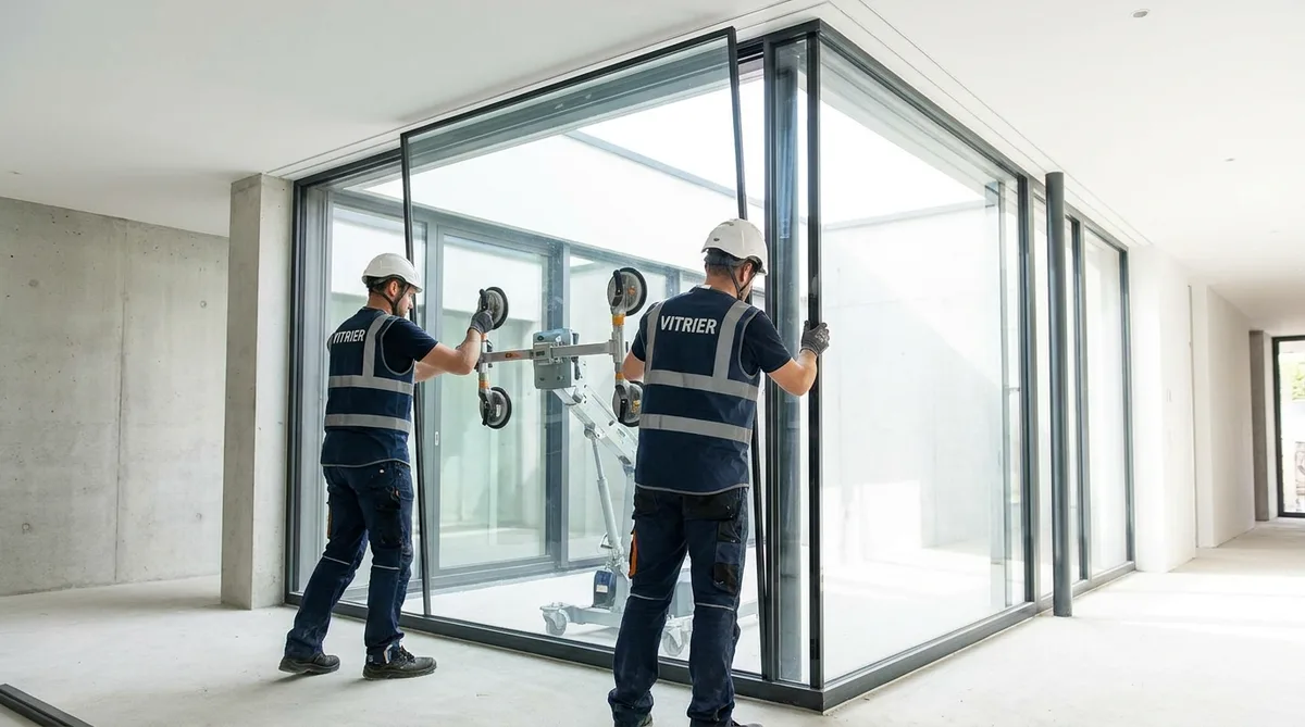 Vitrier professionnel installant un lourd vitrage de sécurité sur une baie vitrée moderne