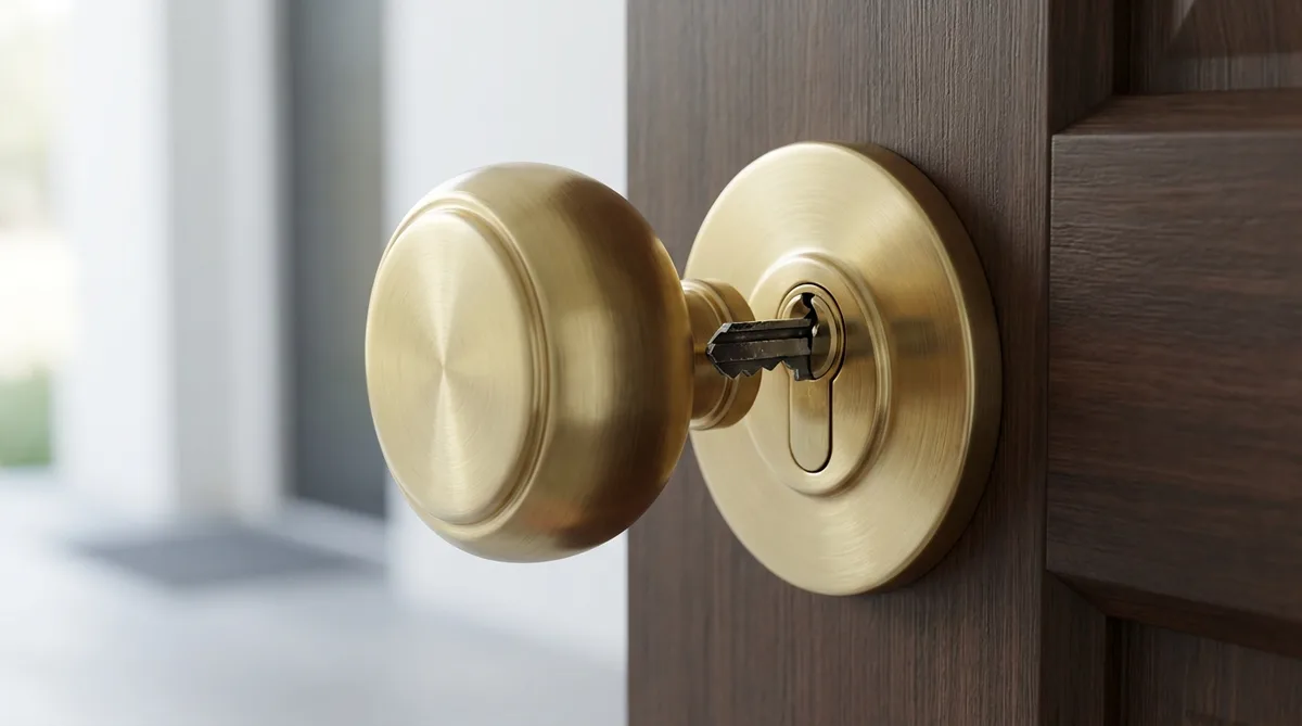 gros plan d'une clé cassée coincée dans une serrure de porte moderne en laiton