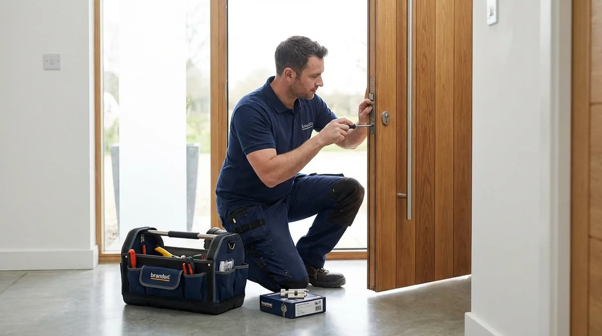 serrurier professionnel remplaçant une serrure à cylindre de porte d'entrée