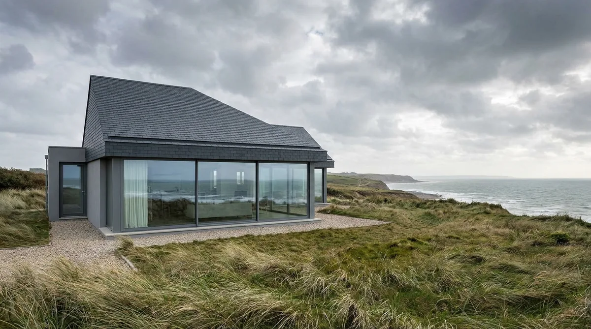 modern seaside villa in Normandy with large reinforced glass windows and slate roof resisting wind