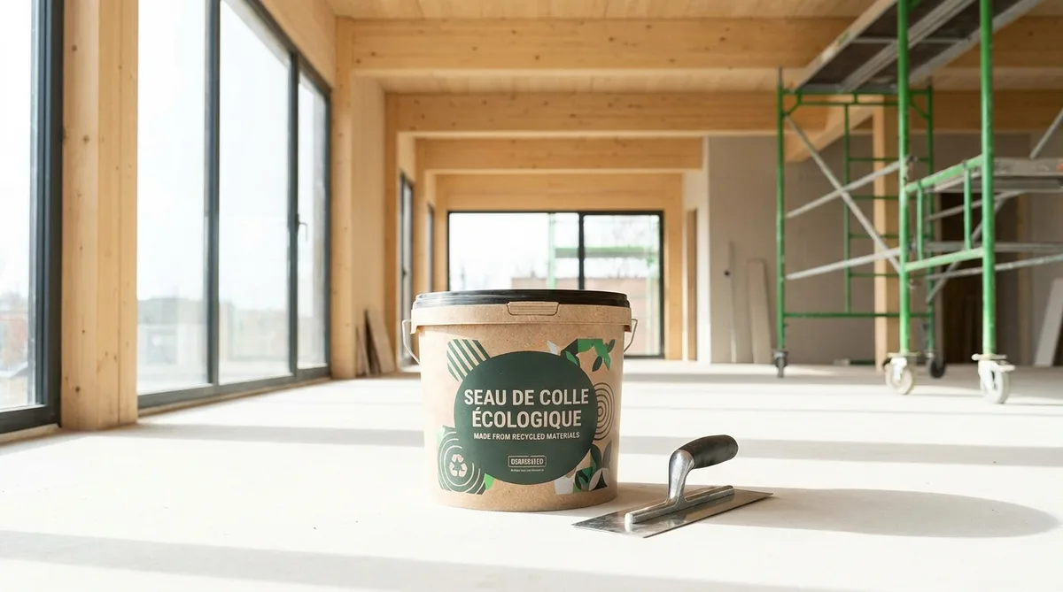 Seau de colle écologique et truelle sur un chantier de construction moderne