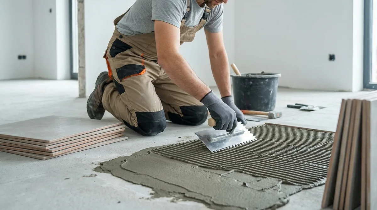 Carreleur professionnel appliquant un mortier colle durable sur le sol avec une truelle crantée