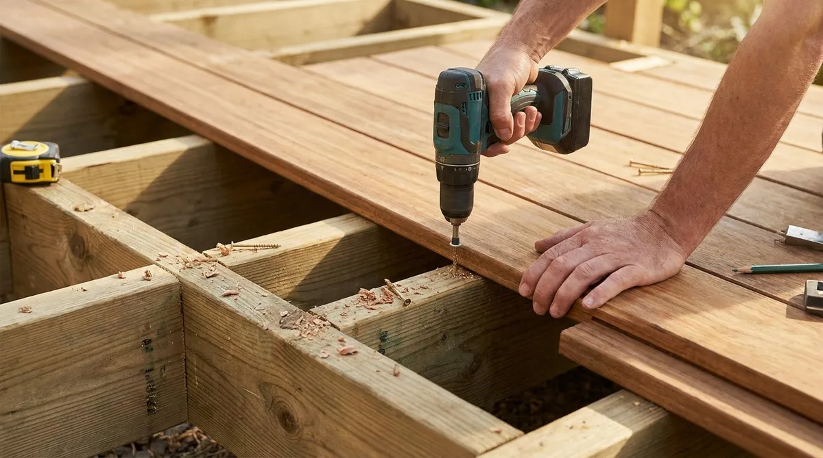 close up of a carpenter installing wooden decking boards over joists