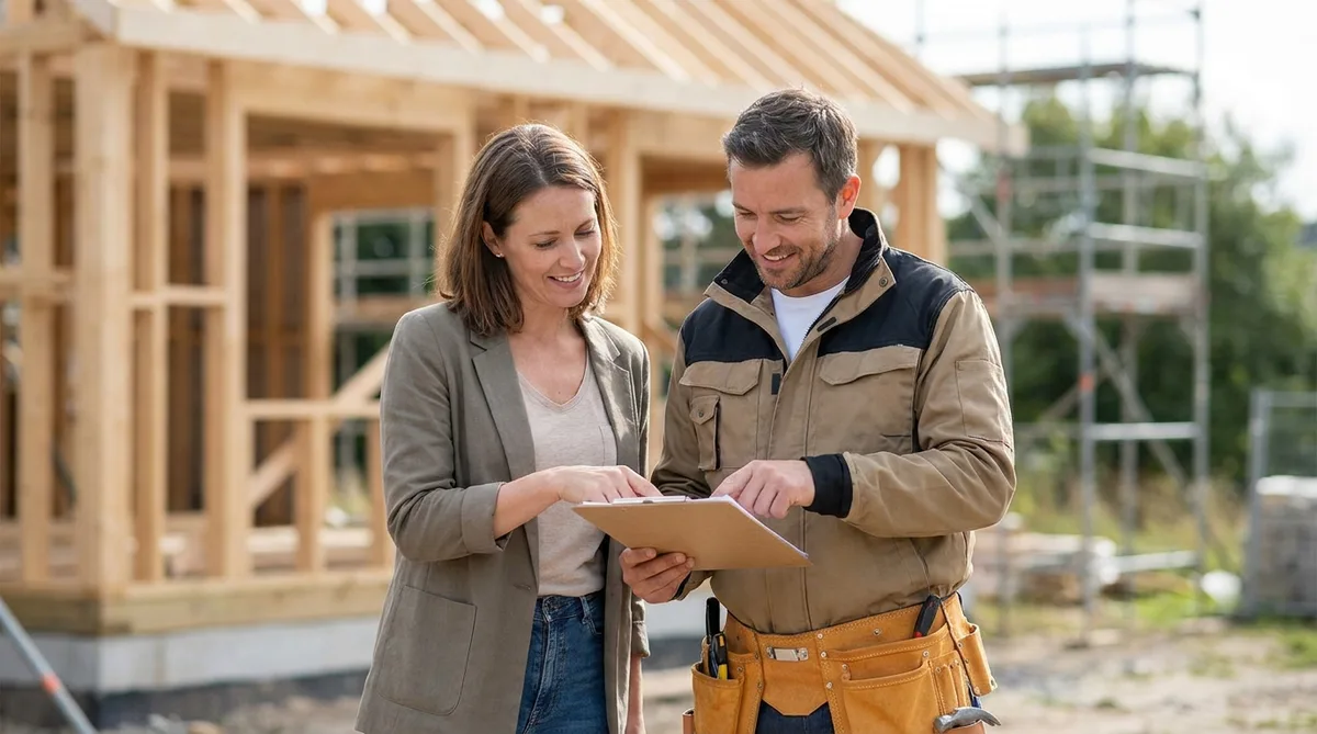 a homeowner and a carpenter discussing a construction quote on a clipboard outdoors