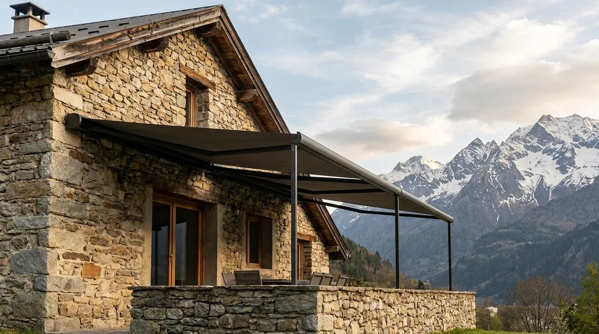 traditional stone house in the French Alps with modern sunshades and mountains in the background Isere region