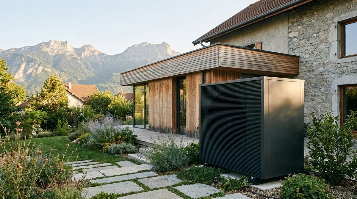 modern heat pump installation outside a renovated house in Grenoble with the Chartreuse mountains in the background