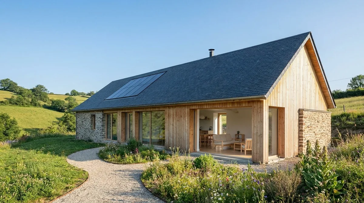 modern eco-friendly wooden frame house with stone walls and traditional slate roof in the green hills of Correze, bright summer day
