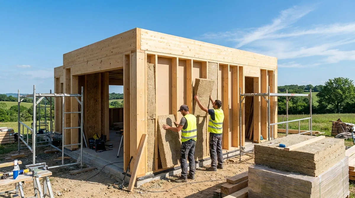 construction site of a modern wooden frame house in Limousin region, skilled french craftsmen installing eco-friendly hemp insulation under a bright summer sky