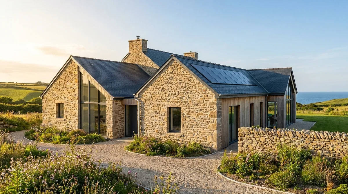 modern eco-friendly new house in Côtes-d'Armor with natural stone walls and slate roof, sunny day in Brittany