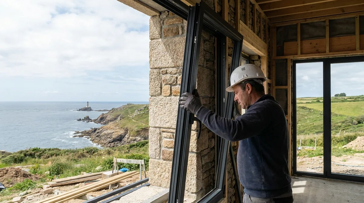 craftsman installing an aluminum window in a new construction site in Brittany, view of the sea in the background