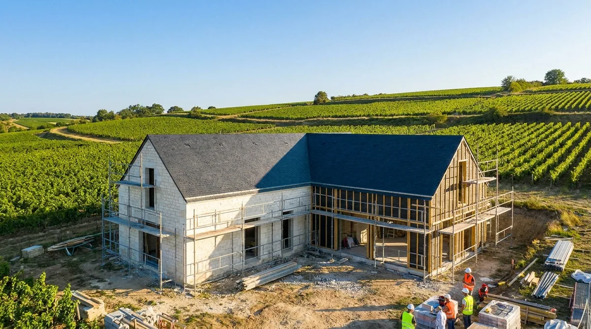 Modern eco-friendly house under construction with white tuffeau stone walls and dark slate roof, surrounded by green vineyards in the Loire Valley, sunny weather