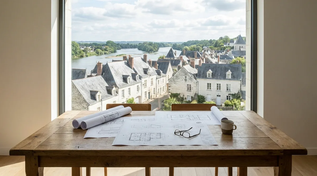 Architectural plans on a wooden table with a view of a traditional Anjou village with slate roofs and the Loire river in the background
