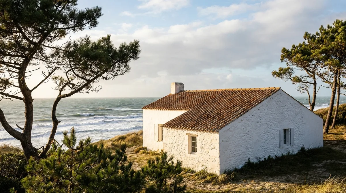 traditional white house with terracotta roof facing the Atlantic ocean in Vendee with pine trees