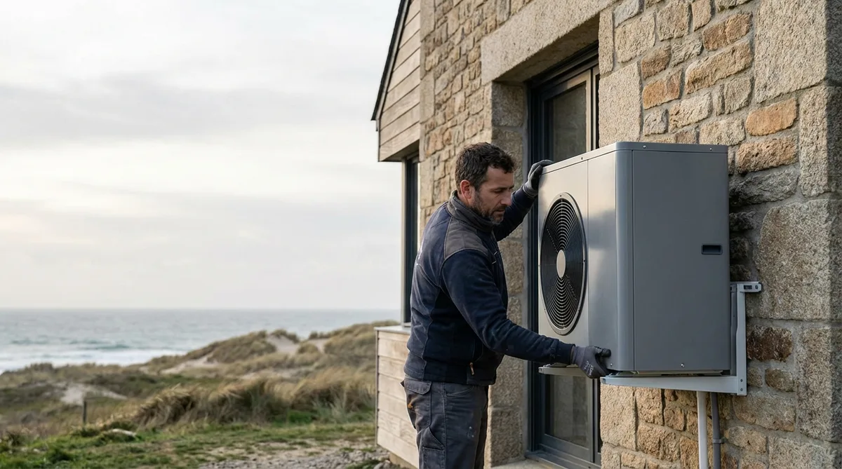 artisan installing anti-corrosion heat pump on a coastal house exterior in Pays de la Loire