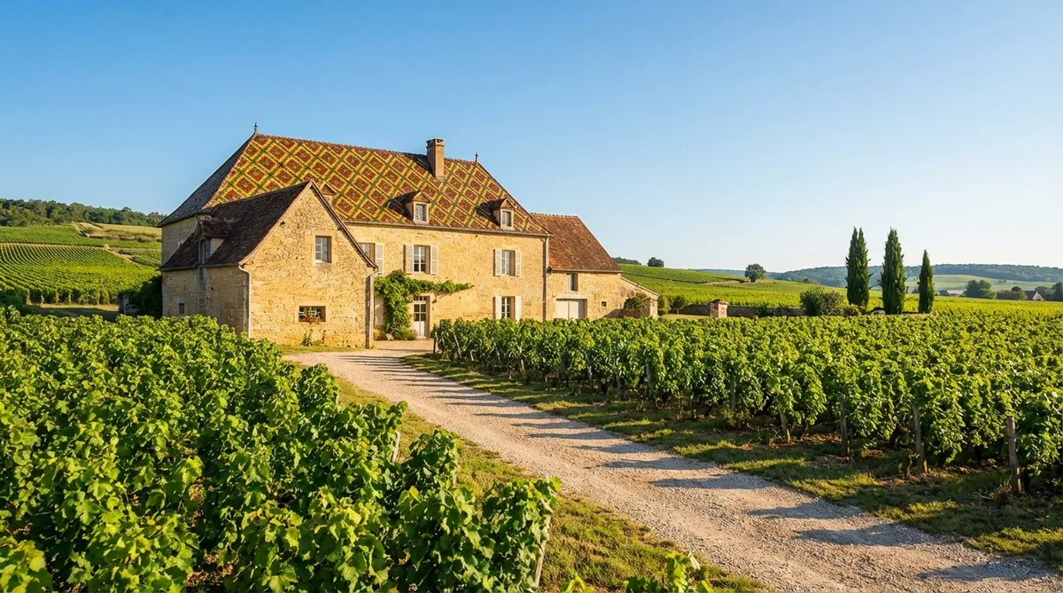 traditional burgundy stone house with glazed tile roof near vineyards under a sunny sky