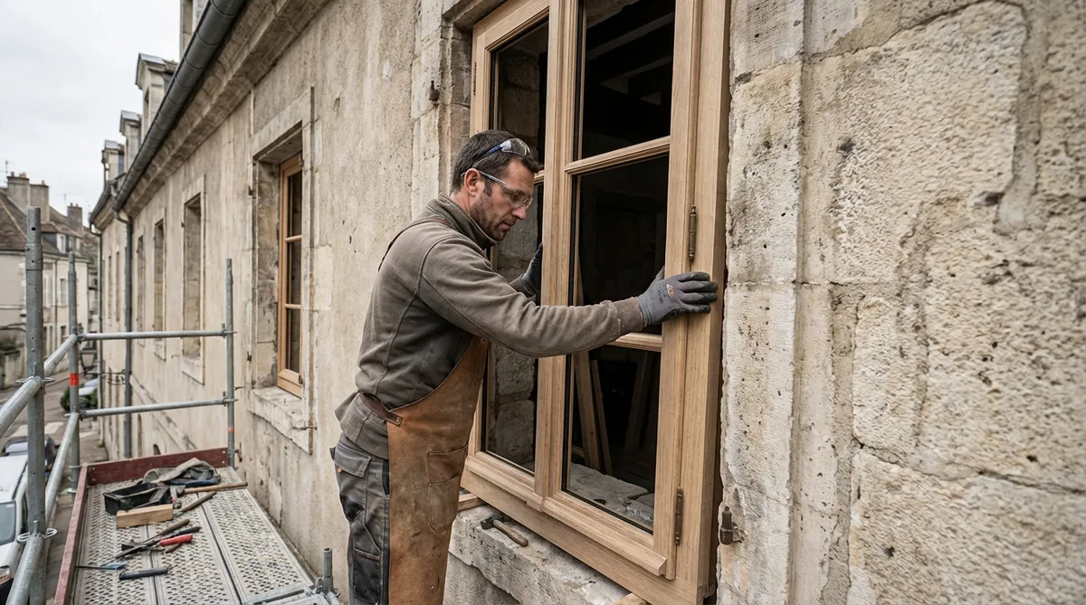 craftsman carefully installing custom wooden windows on a historical stone building in Dijon