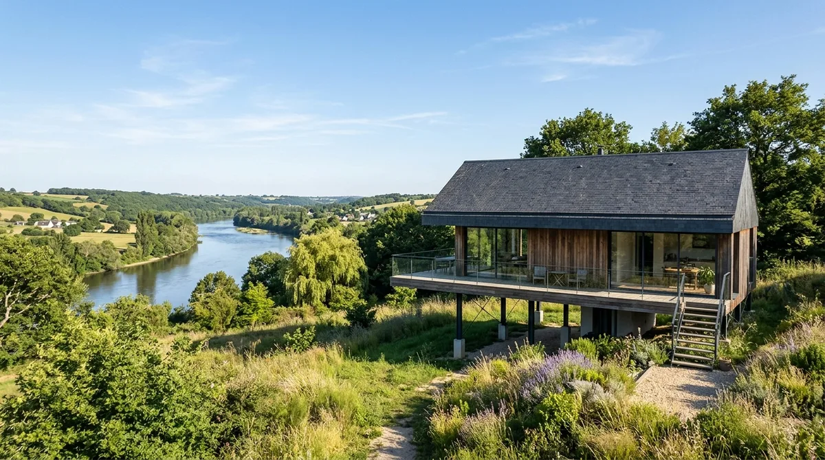 Maison moderne surélevée sur pilotis dans la campagne du Maine-et-Loire, toit traditionnel en ardoise, près de la Loire, jour ensoleillé