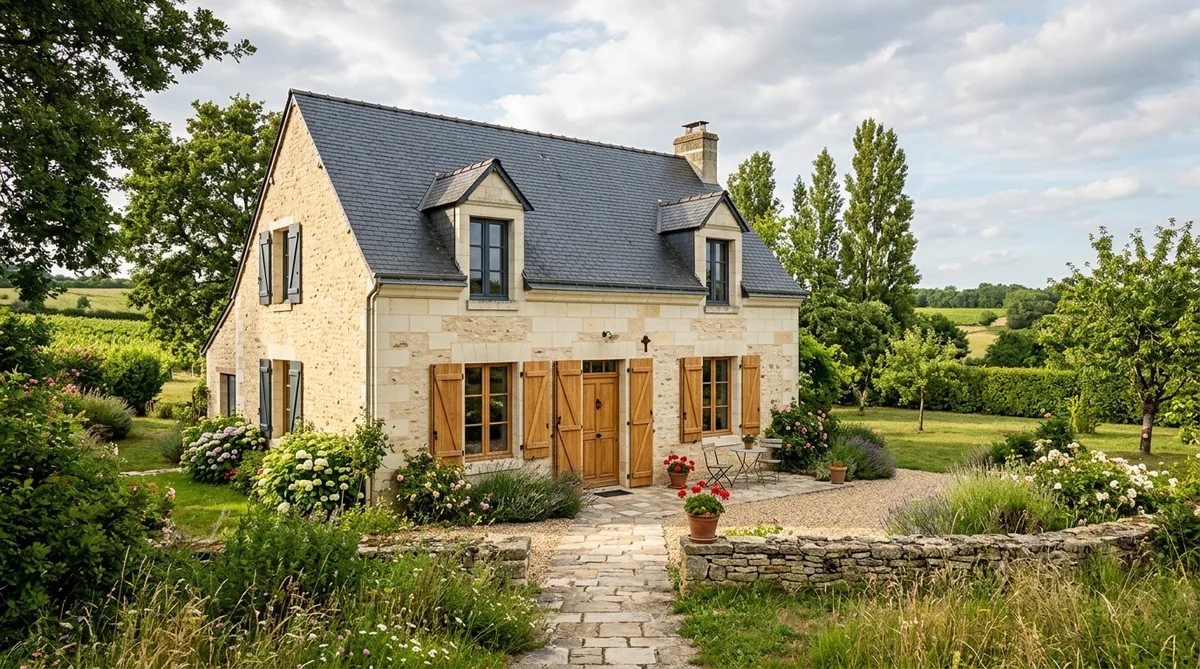 Maison traditionnelle rénovée en pierre de tuffeau en Anjou, rez-de-chaussée résistant aux inondations avec volets en bois, paysage verdoyant des Pays de la Loire
