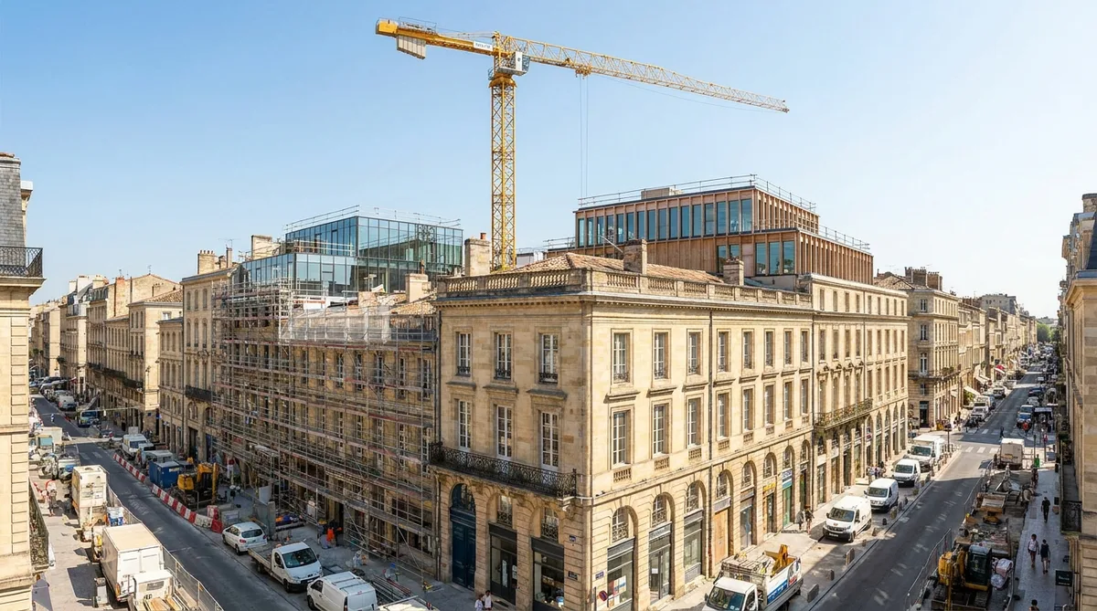 Bordeaux stone buildings undergoing roof extension and urban densification with cranes, sunny day