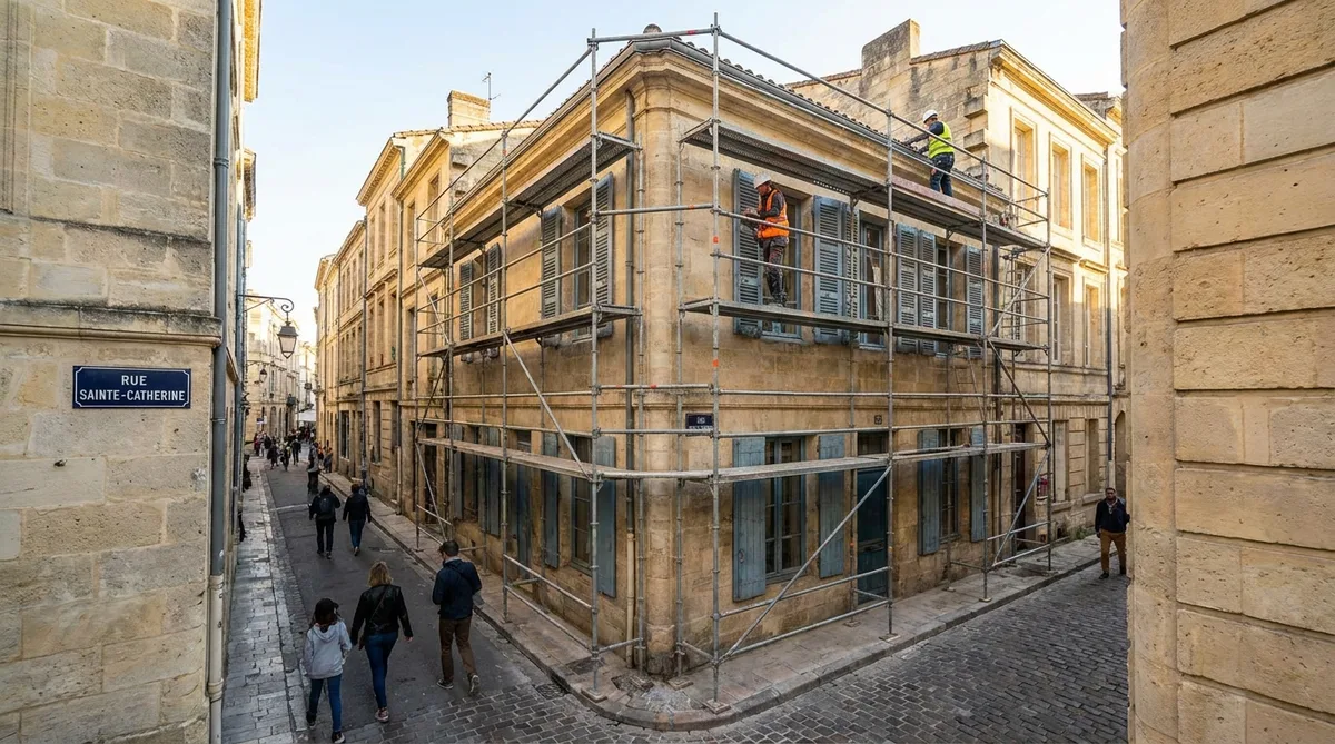 Narrow street in Bordeaux with scaffolding on a traditional limestone 'échoppe' house, construction workers, bright light