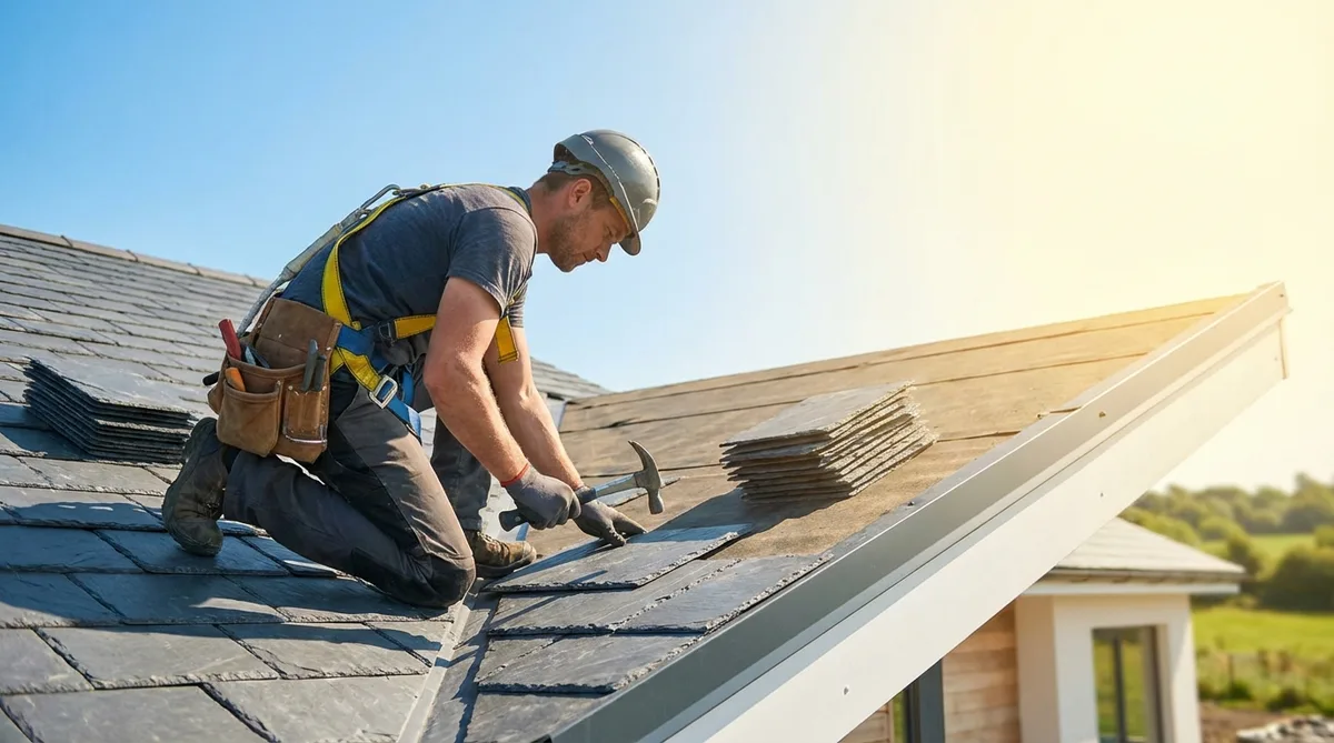 Roofer installing slate tiles on a roof during a sunny day