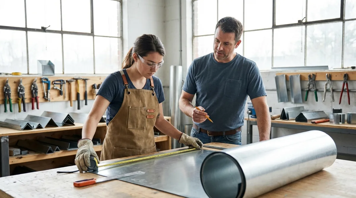 Adult apprentice roofer learning how to measure and cut zinc sheets in a workshop