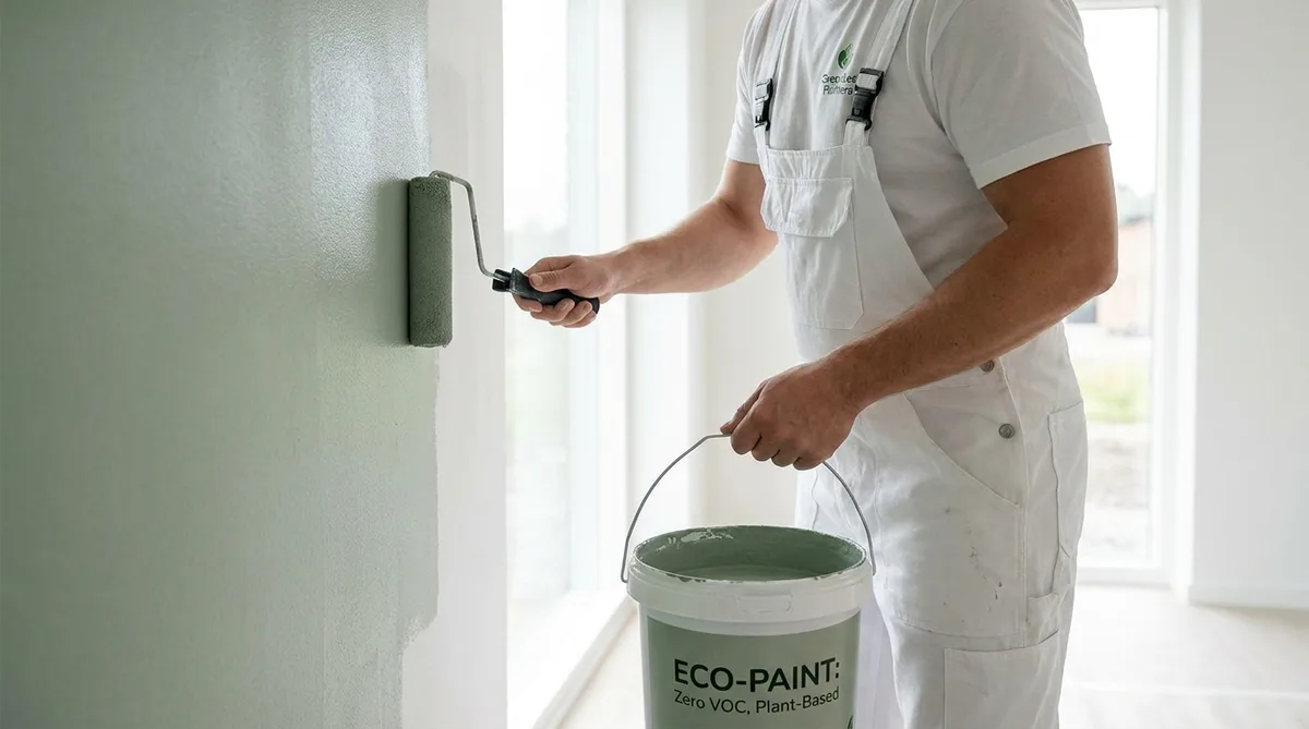 Professional painter applying eco-friendly paint on a wall