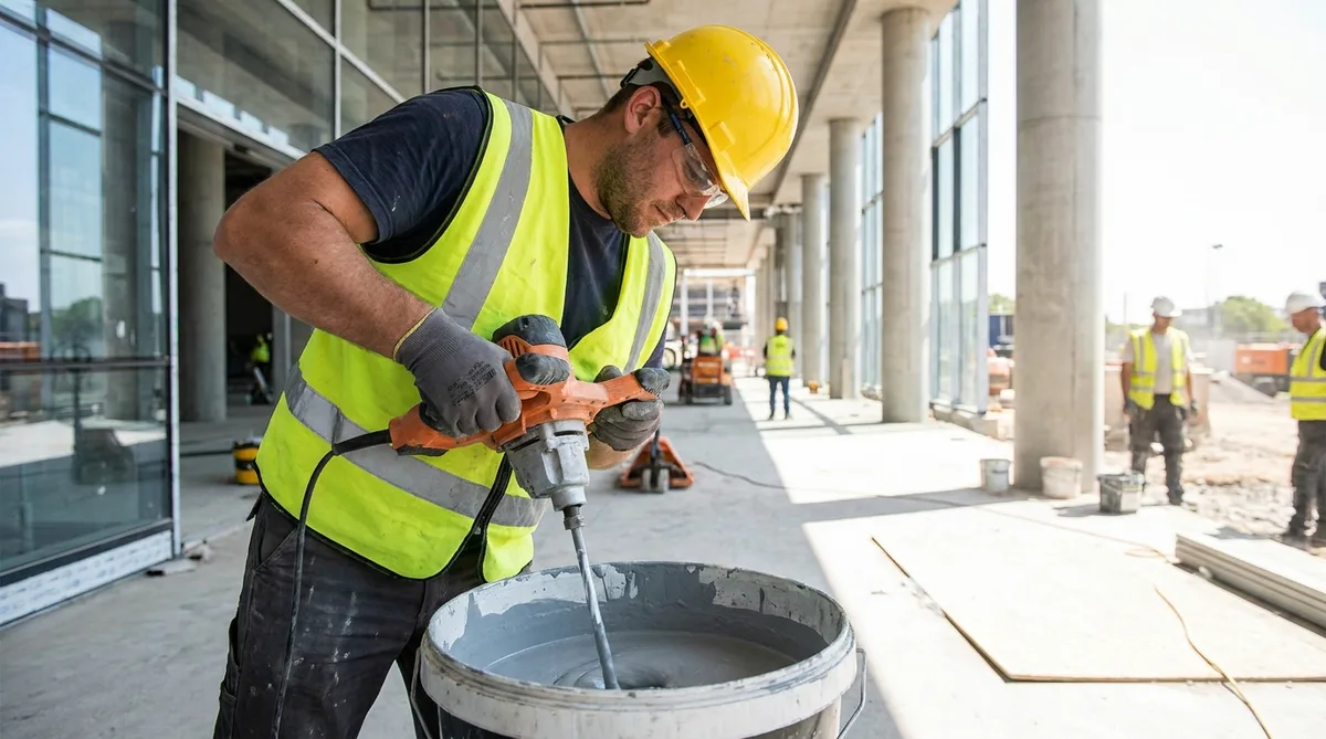 Construction worker with safety gear mixing paint on a modern site