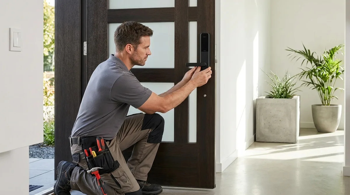 Locksmith installing a smart lock on a modern door