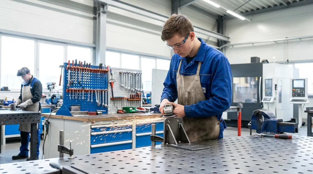 Locksmith apprentice working on metal fabrication in a workshop