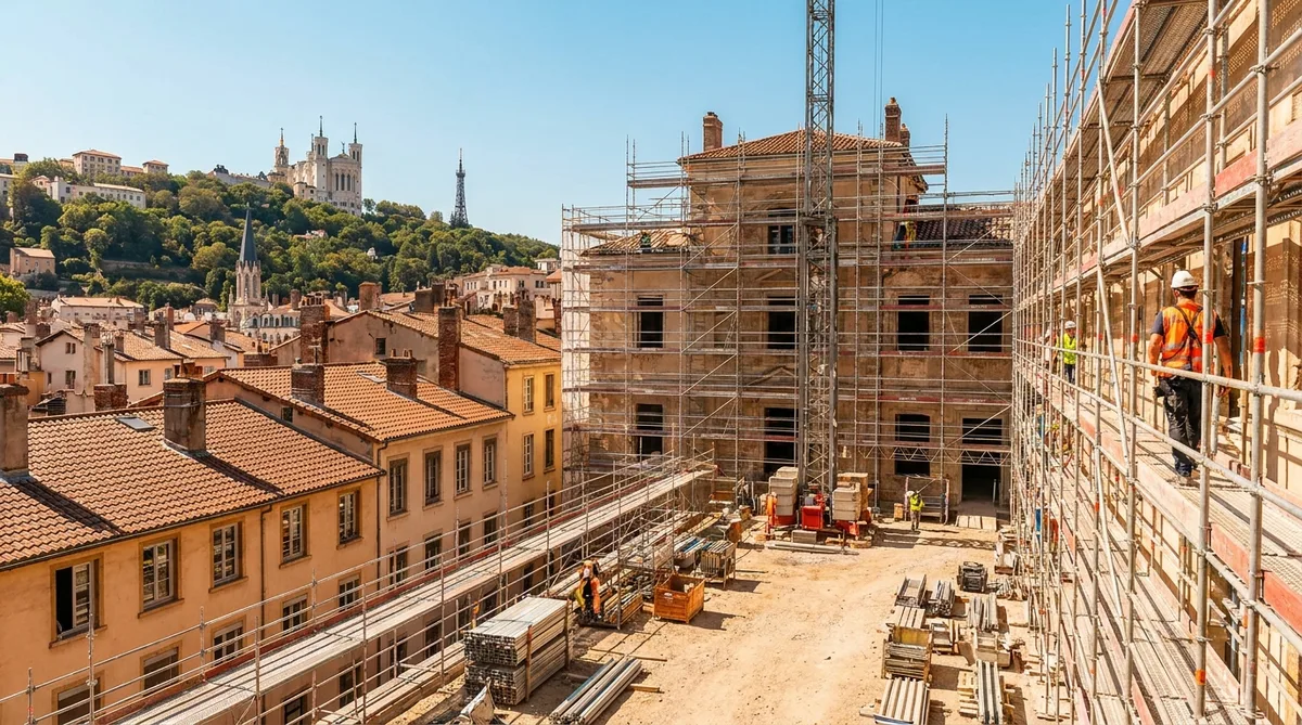 Construction site in Lyon with typical red roofs and Fourviere basilica in the background, sunny day, modern scaffolding