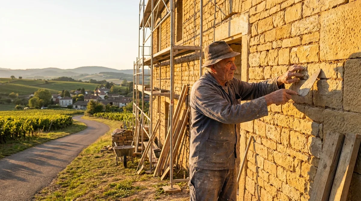 Artisan renovating a traditional golden stone house in the Beaujolais region of France, countryside landscape, warm sunlight