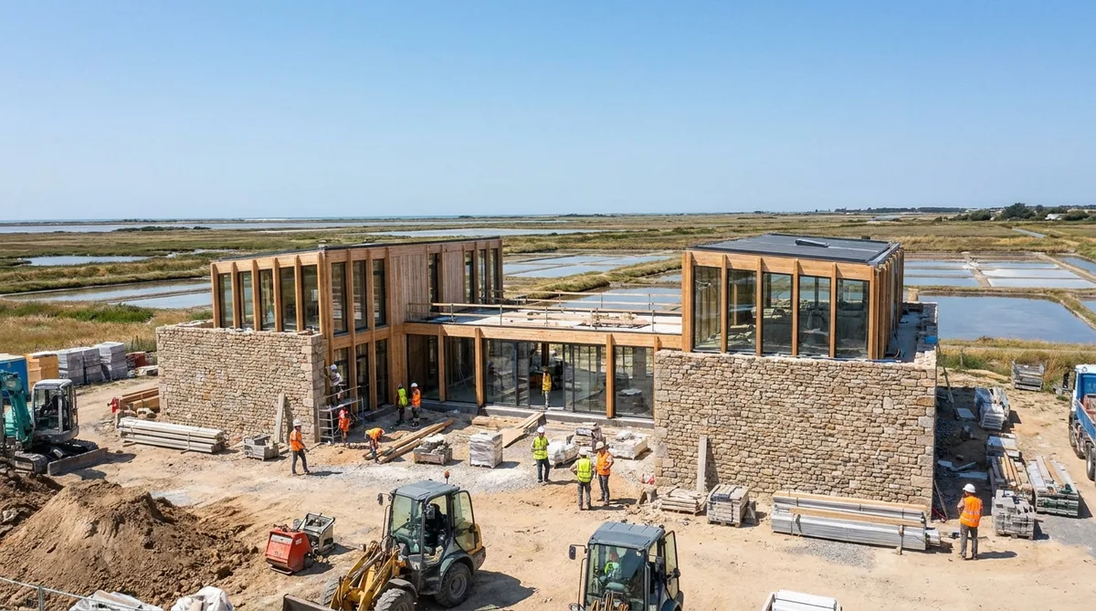 construction site of a modern eco-friendly house near the salt marshes of Guerande in Loire-Atlantique, sunny day with local stone materials