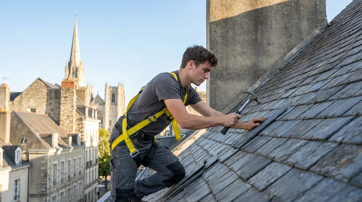 young apprentice carpenter working on a traditional slate roof in the historic center of Nantes, bright colors, safety harness